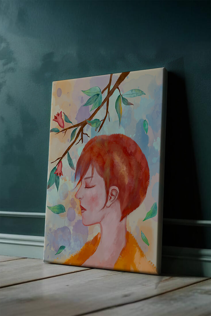 Illustrative artwork of a woman with red hair and floral branch