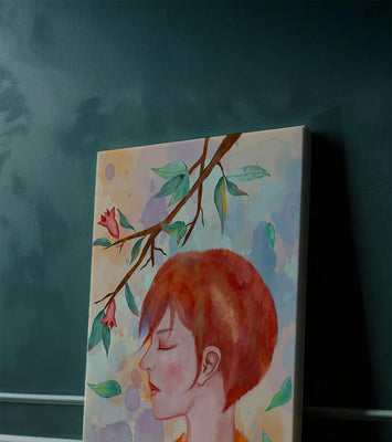 Illustrative artwork of a woman with red hair and floral branch