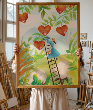 Mujer recolectando frutas en forma de corazón en el vibrante campo