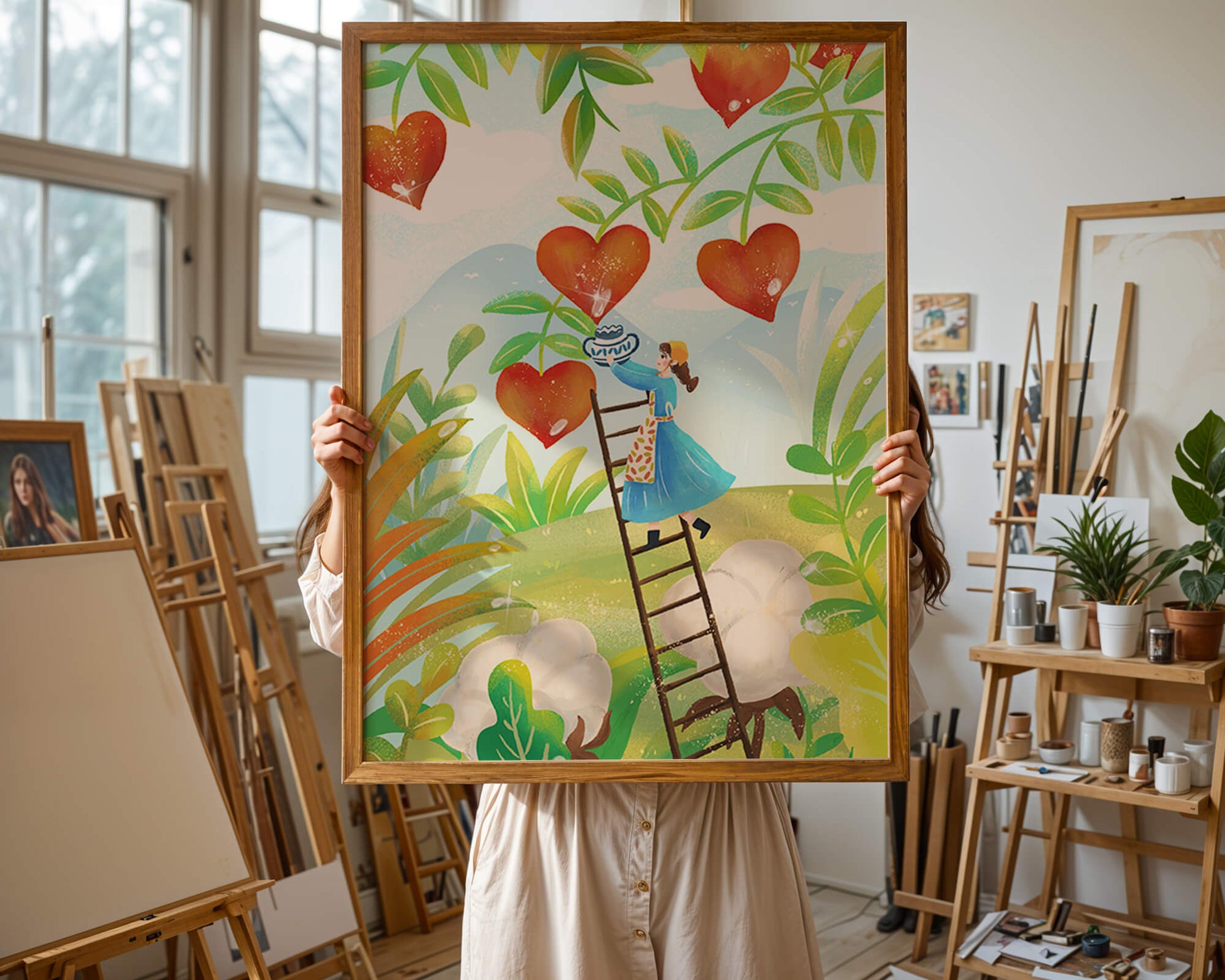 Mujer recolectando frutas en forma de corazón en el vibrante campo