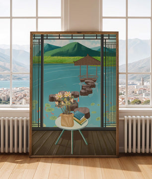 Scenic view from a room overlooking a tranquil water garden with stepping stones and mountains