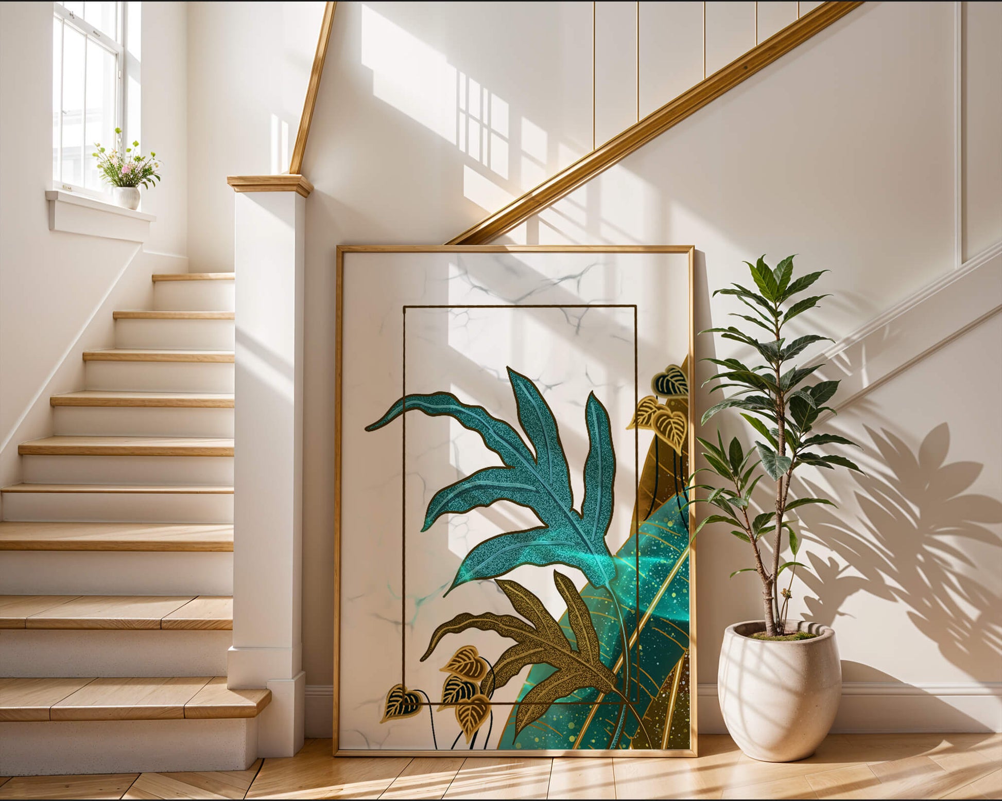 Abstract botanical art with blue and gold leafy designs