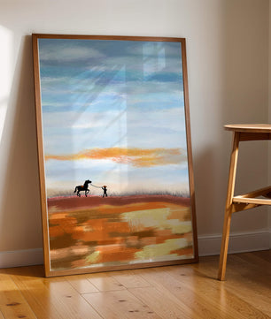 Serene landscape with cowboy and horse under vast sky