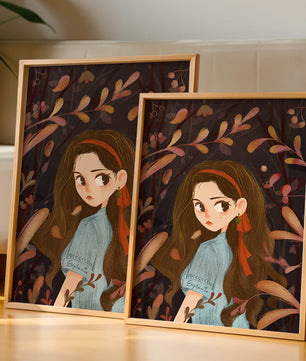 Ilustración elegante de una chica rodeada de follaje abstracto