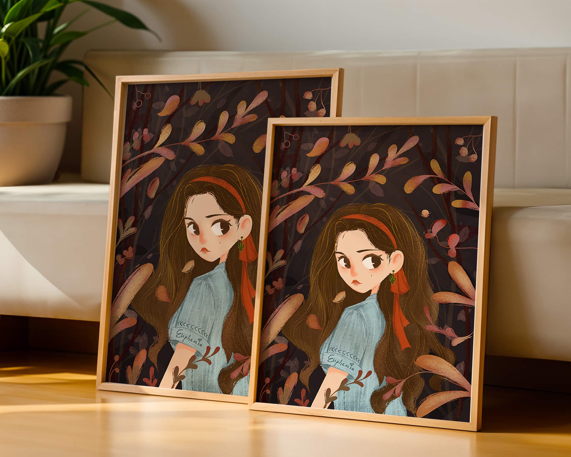 Elegante ilustración de una niña rodeada de follaje abstracto.