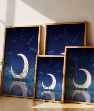 Serene night sky with crescent moon reflecting on water