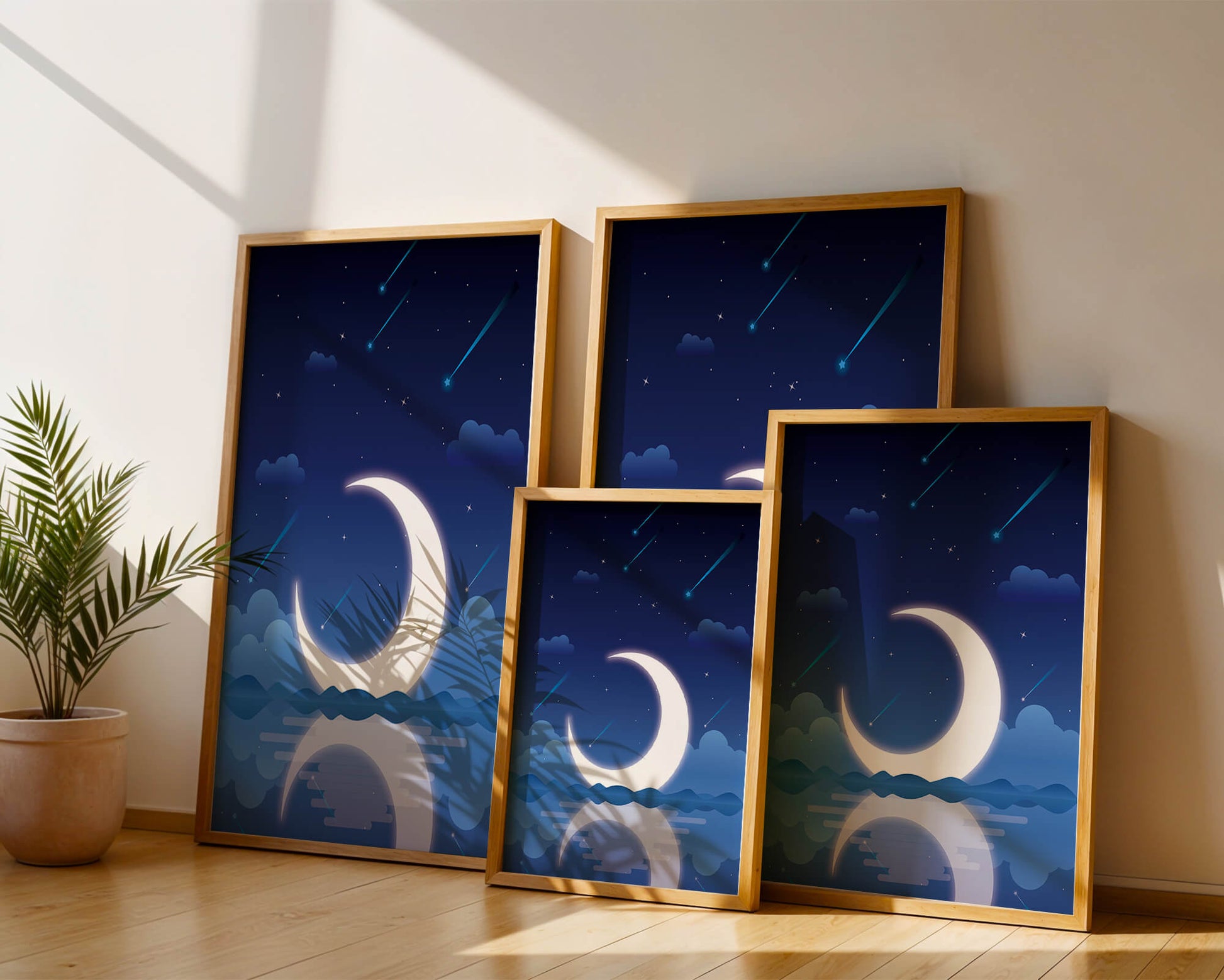 Serene night sky with crescent moon reflecting on water
