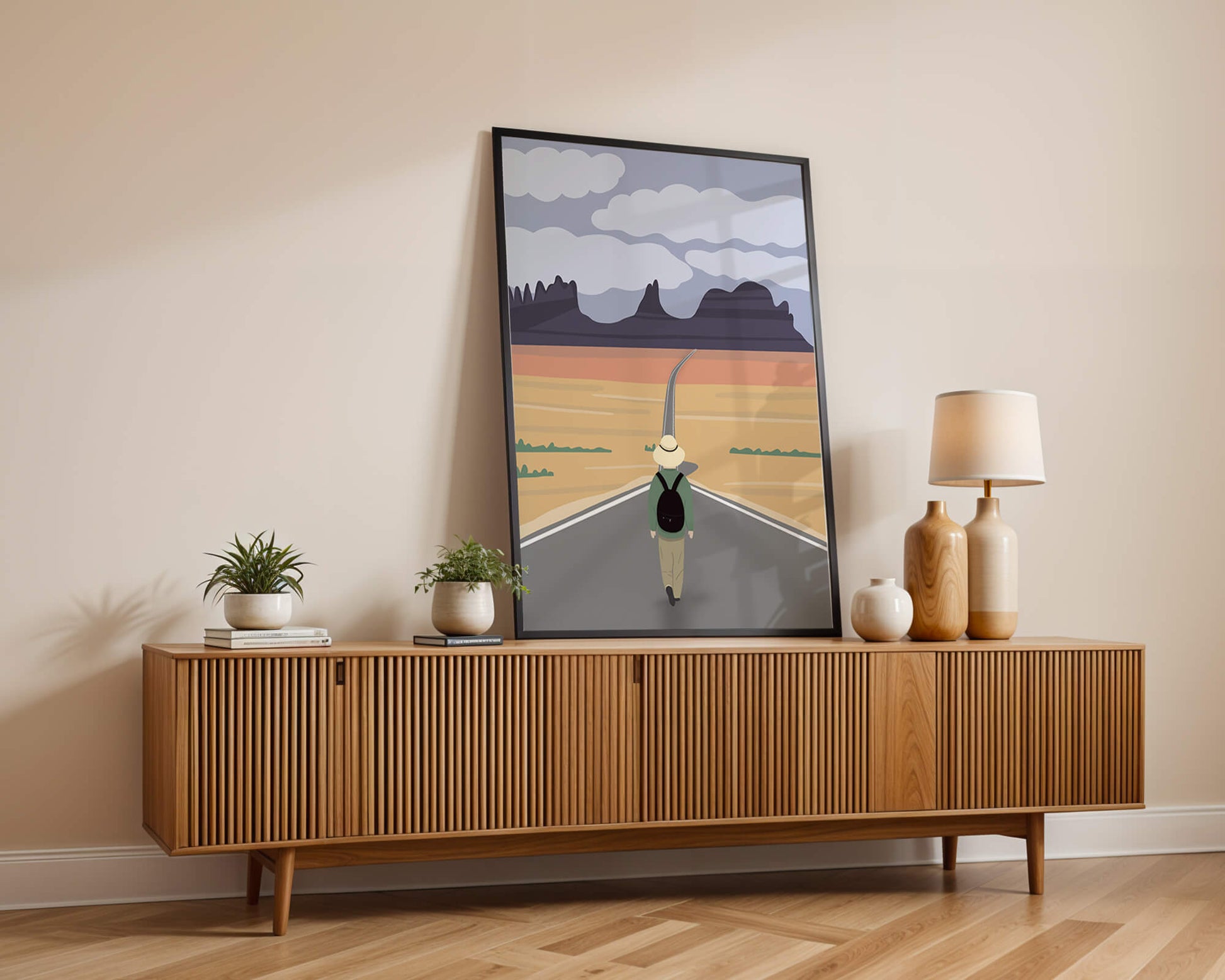 Traveler Walking on Endless Road Toward Mountains