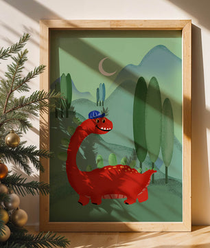 Whimsical red dinosaur in a serene nighttime forest
