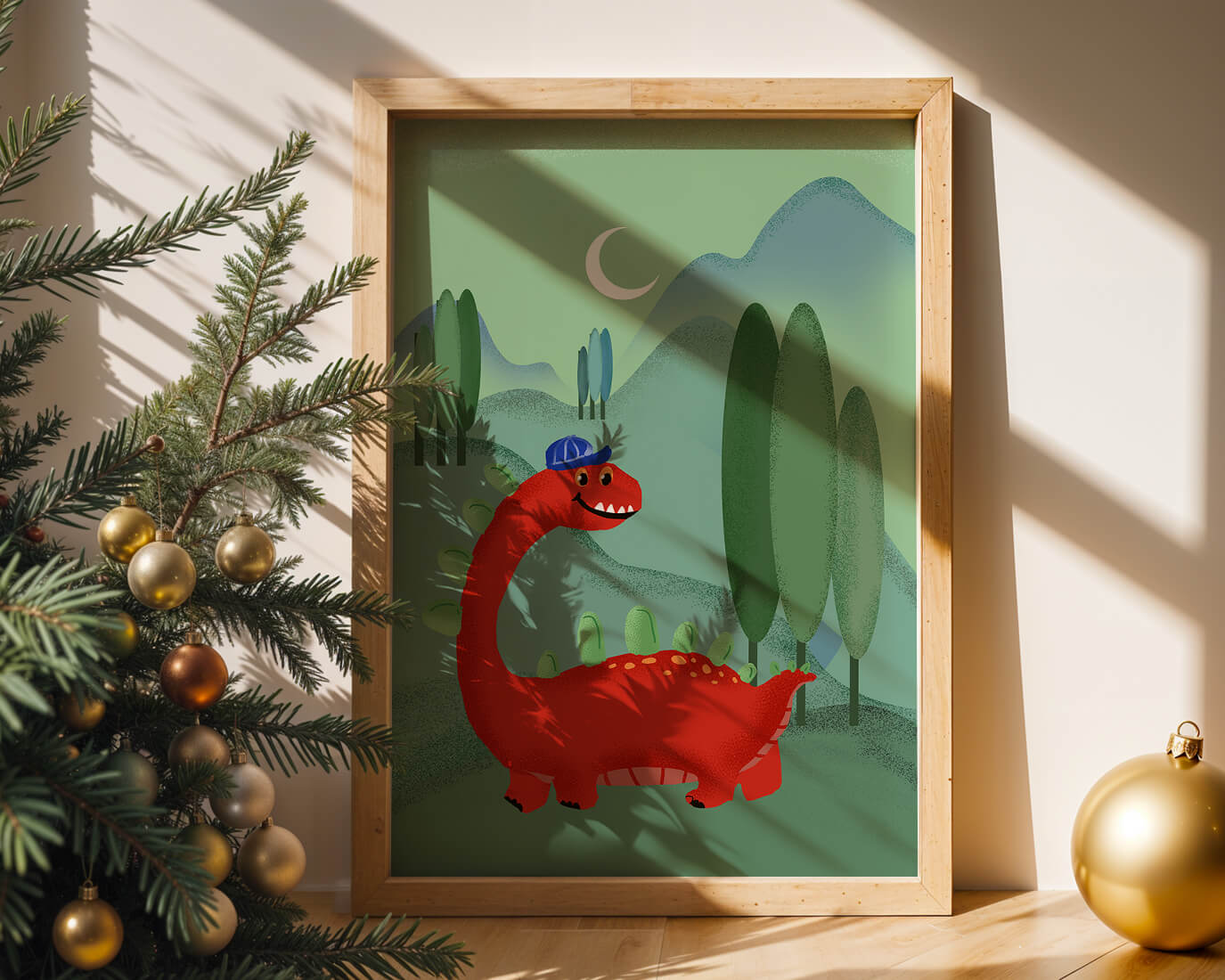 Whimsical red dinosaur in a serene nighttime forest