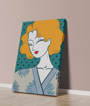 Retrato estilizado de una mujer con cabello naranja y kimono floral