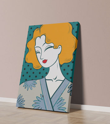 Stylized portrait of a woman with orange hair and floral kimono