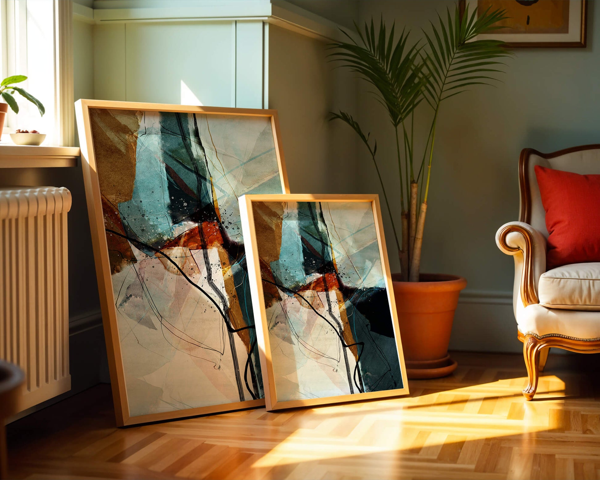 Abstract watercolor artwork with dynamic lines and colors