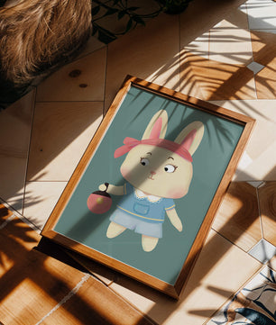 Illustration d'un lapin cartoon avec un bandeau et un sac rond