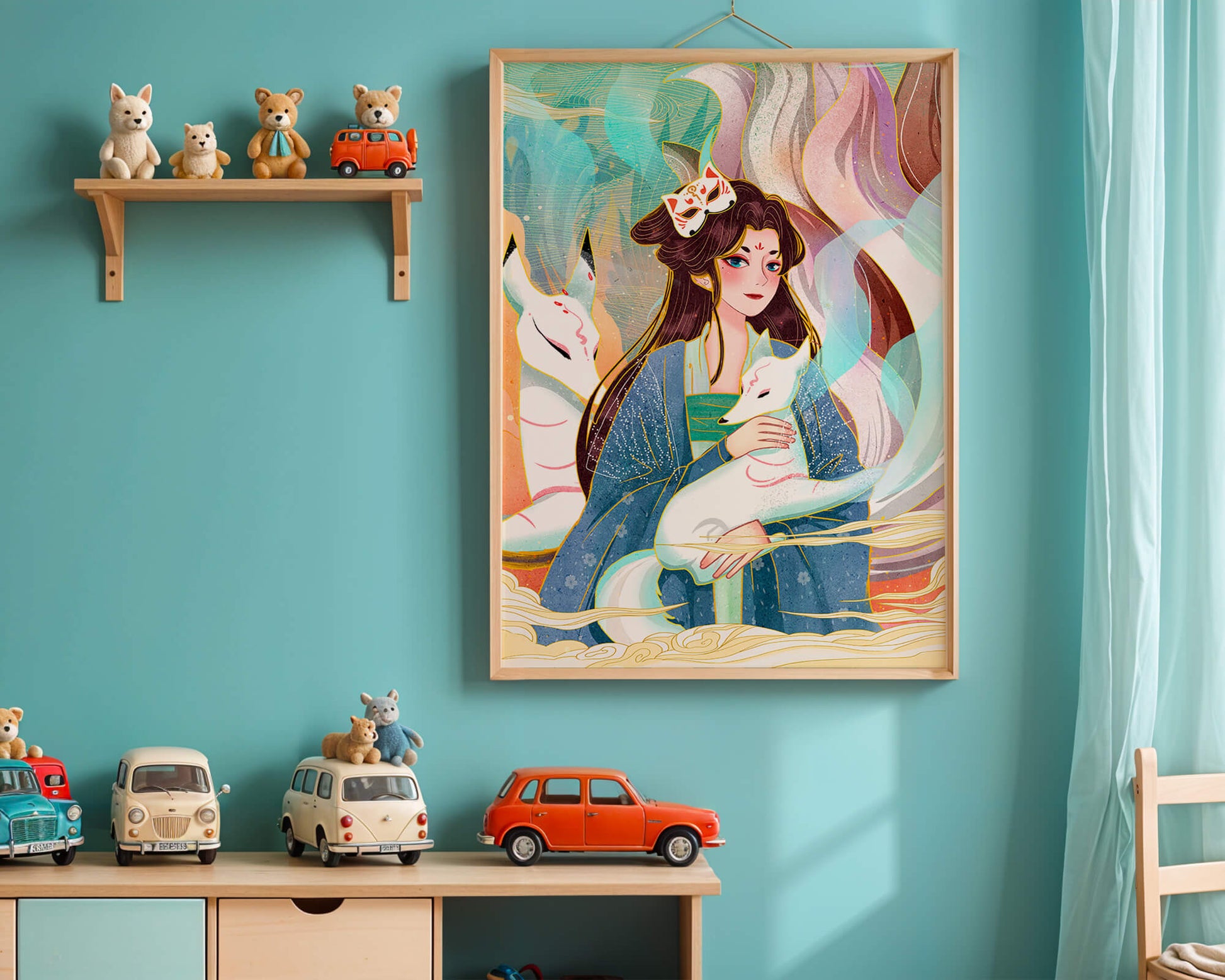 Woman with foxes in a mystical fantasy scene