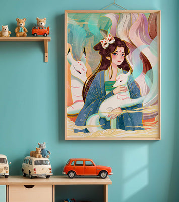 Woman with foxes in a mystical fantasy scene
