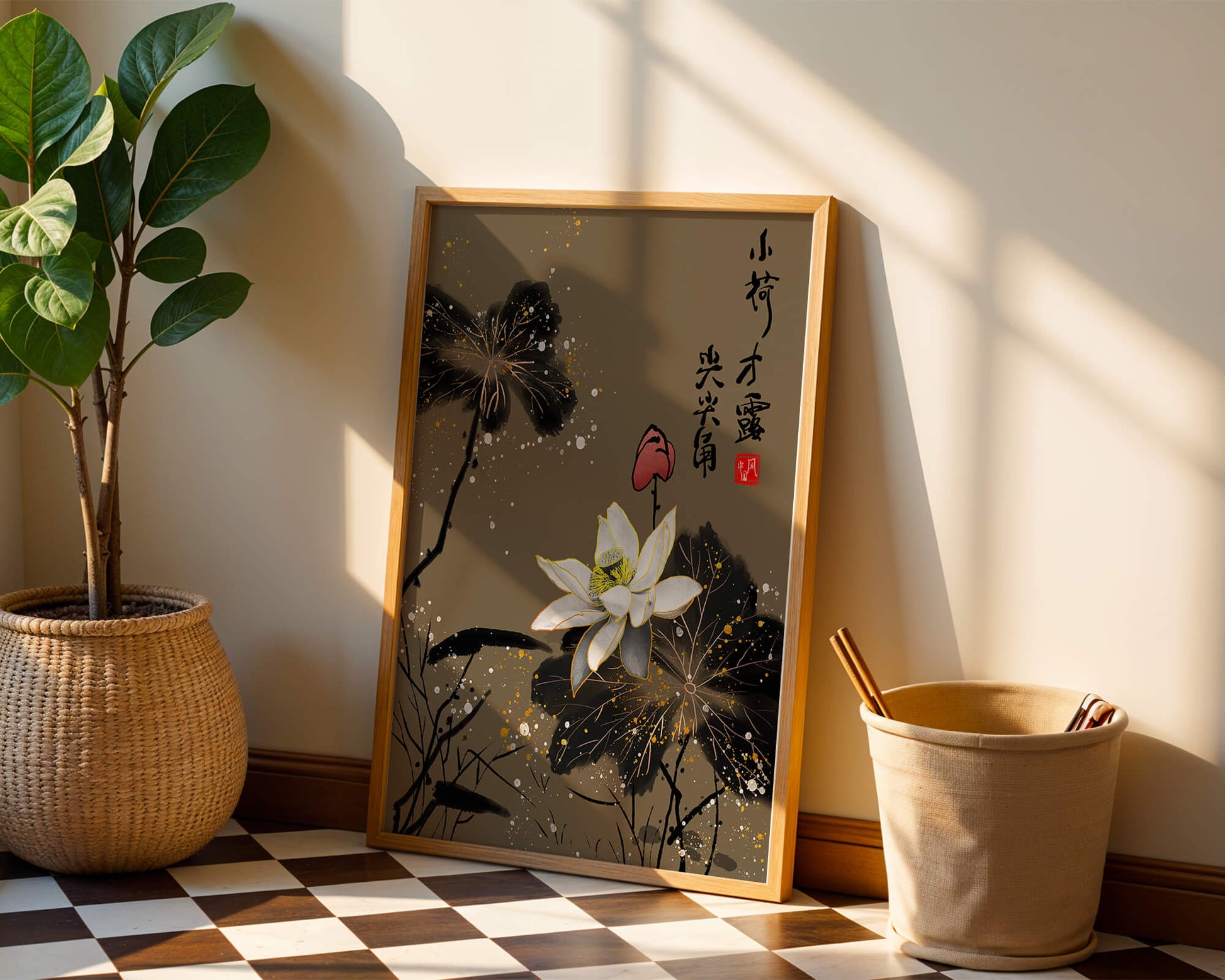 Elegant oriental floral art with gold accents and calligraphy