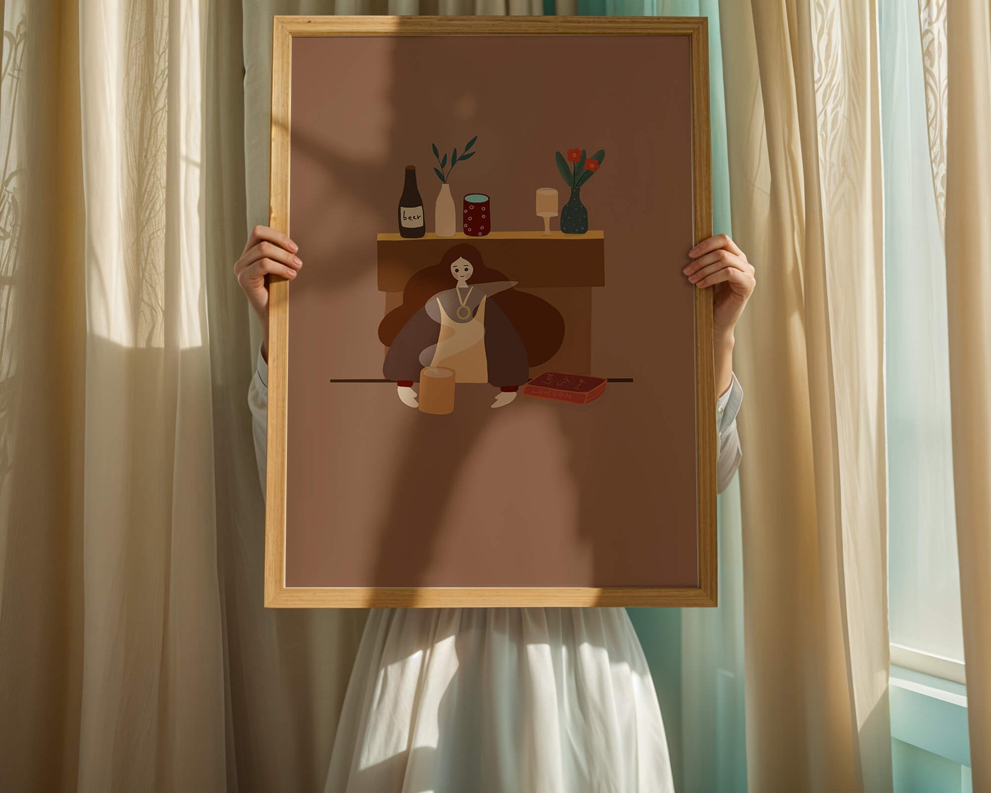 Escena acogedora con mujer junto a la chimenea y elementos decorativos