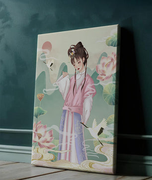 Femme élégante en tenue traditionnelle avec lotus en fleurs et grues