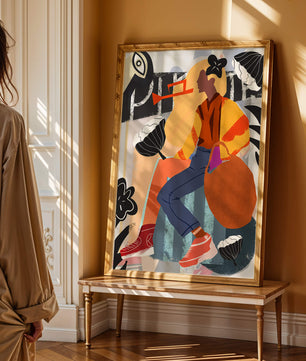 Colorful abstract fashion illustration with floral and geometric elements