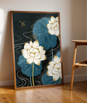 Elegant lotus flowers with dragonflies on a starry night background