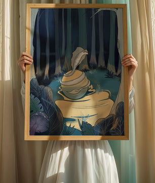 A serene fantasy forest scene with mystical elements at night