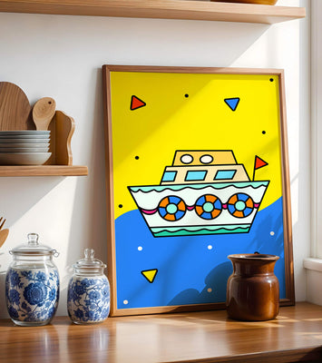 Colorful boat illustration with cartoon elements