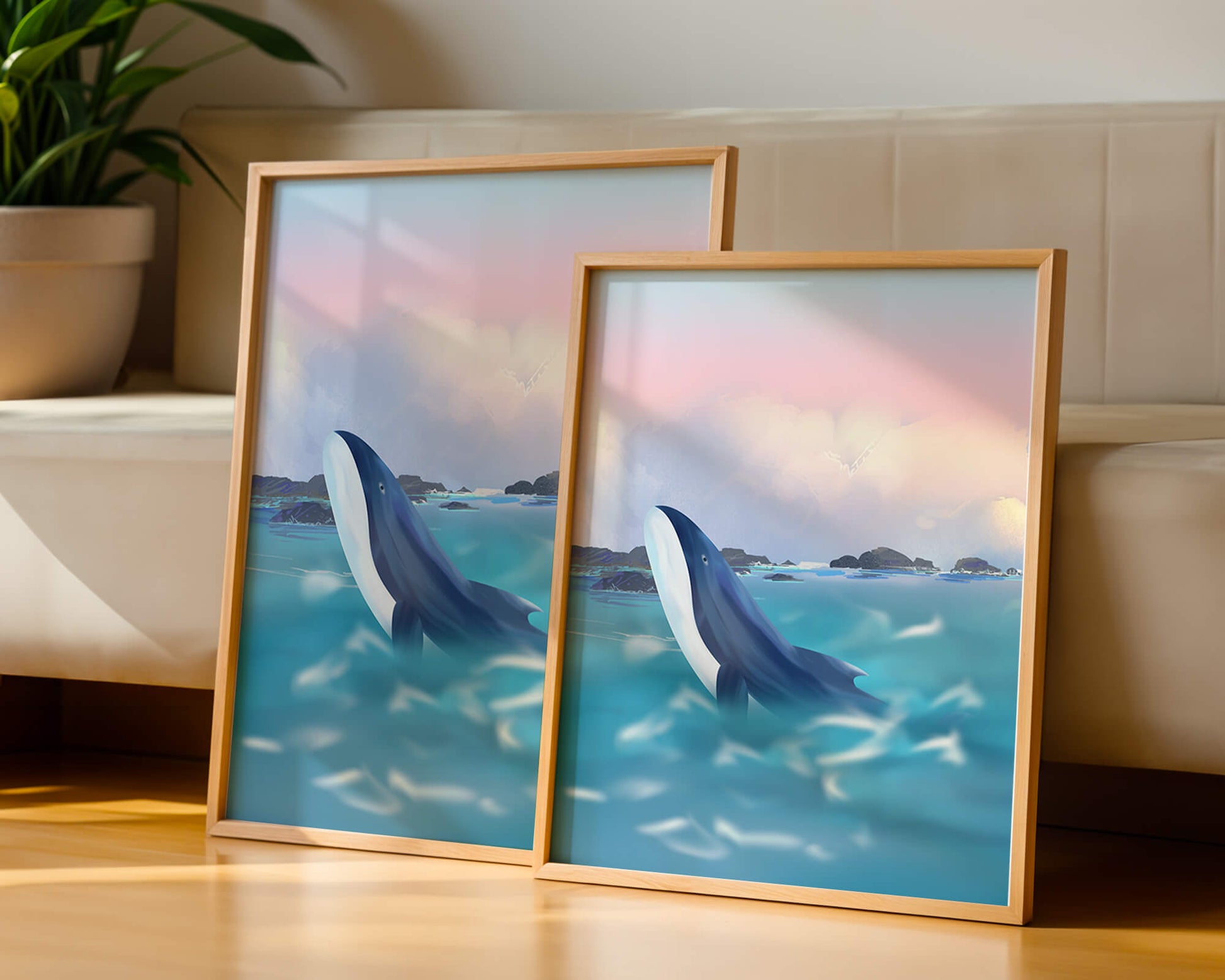 Ruhige Meeresszene mit einem majestätischen Wal, der im Morgengrauen aus dem Wasser springt