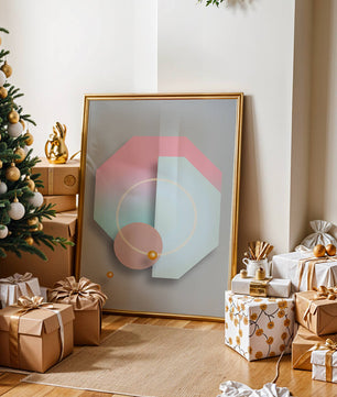 An abstract geometric art piece with pastel tones and golden accents