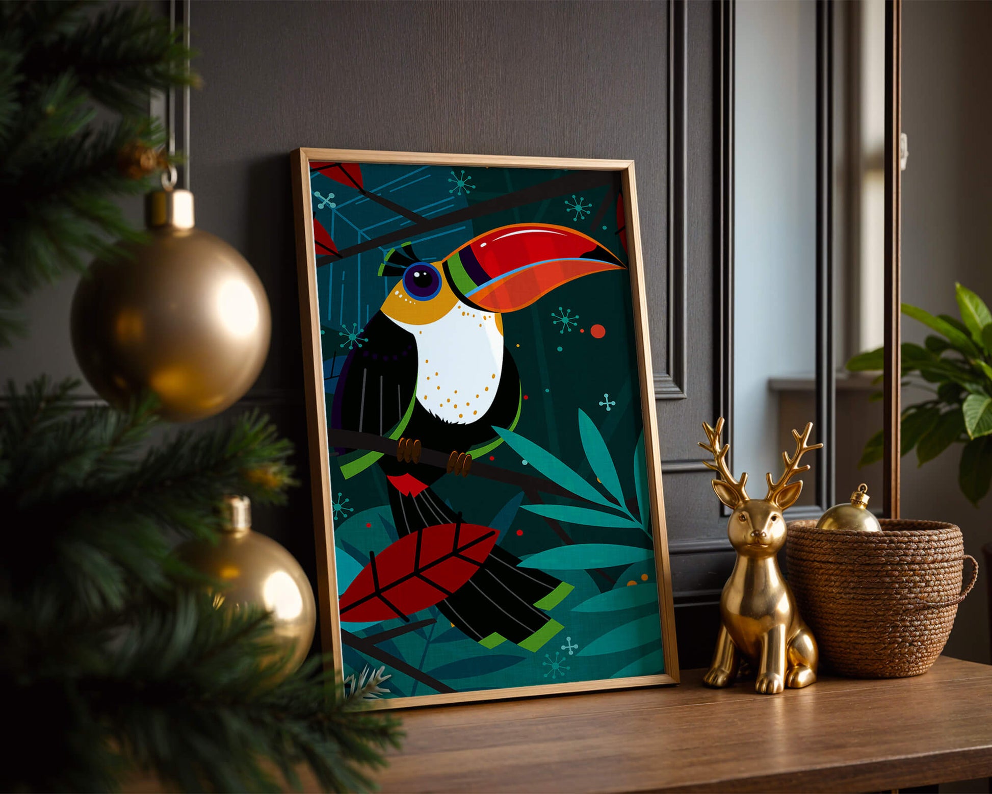 Toucan in Vibrant Jungle Setting with Abstract Elements