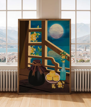 Noche iluminada por la luna con pasteles de luna y decoración floral sobre una mesa de madera