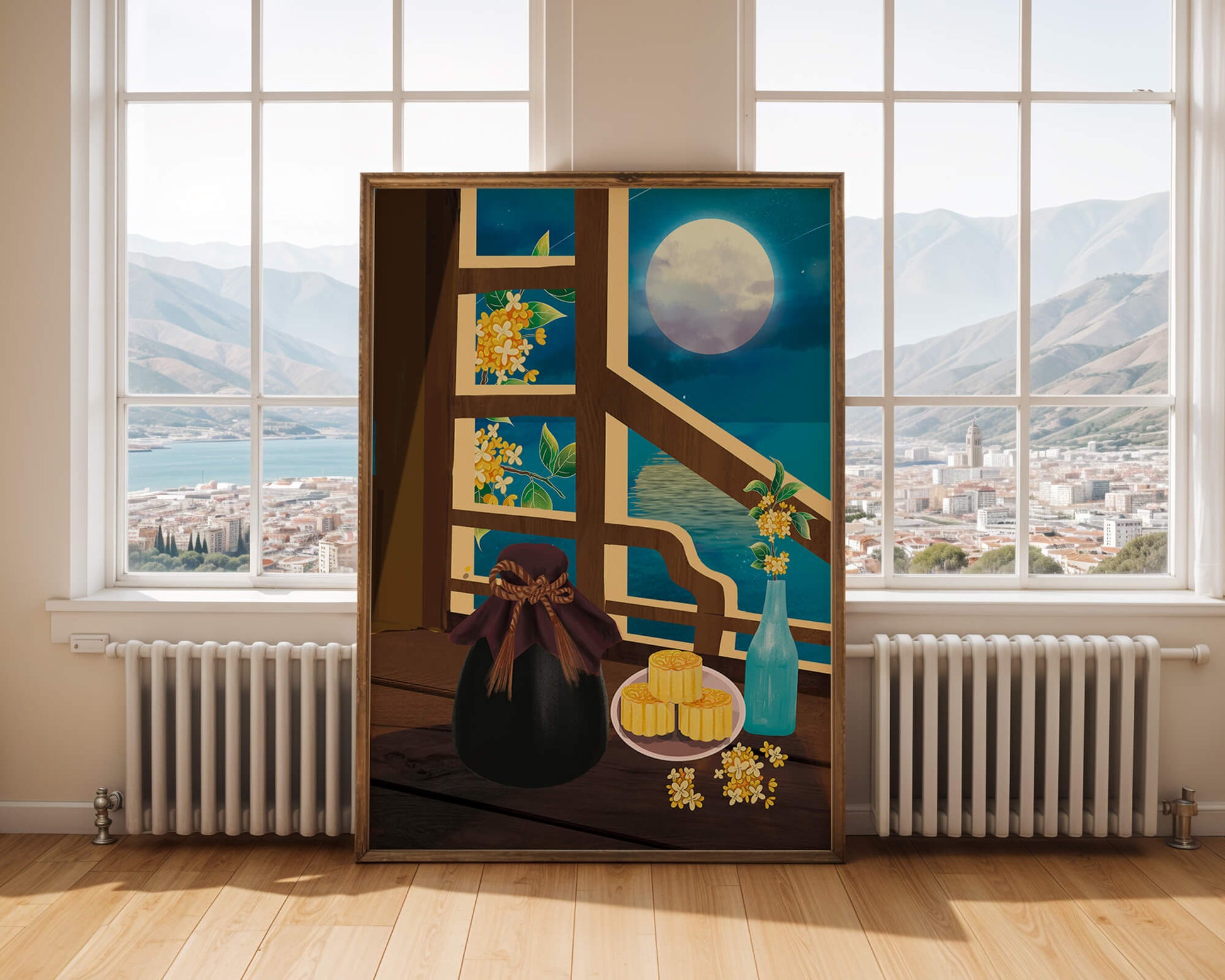 Noche iluminada por la luna con pasteles de luna y decoración floral sobre una mesa de madera