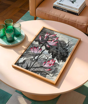 Illustration complexe de fleurs de lotus roses avec des feuilles