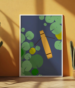 Top view of a yellow canoe among green lily pads on a calm lake