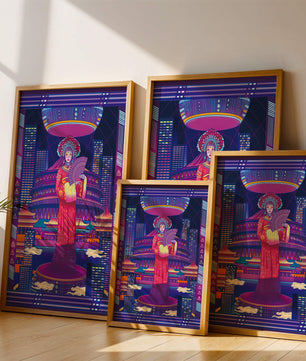 Futuristic Asian Inspired Artwork with Neon Colors and Geisha in Traditional Attire