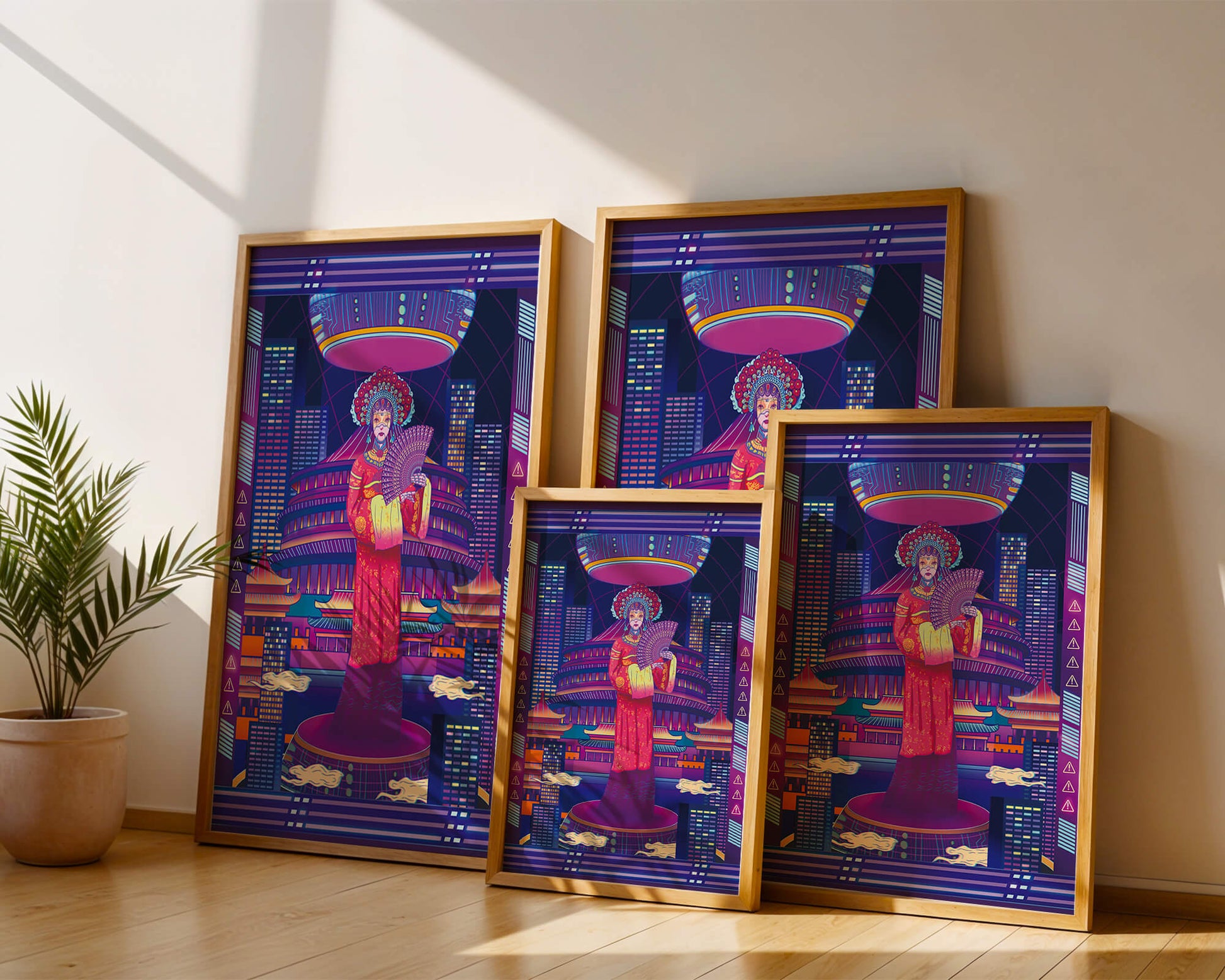 Futuristic Asian Inspired Artwork with Neon Colors and Geisha in Traditional Attire