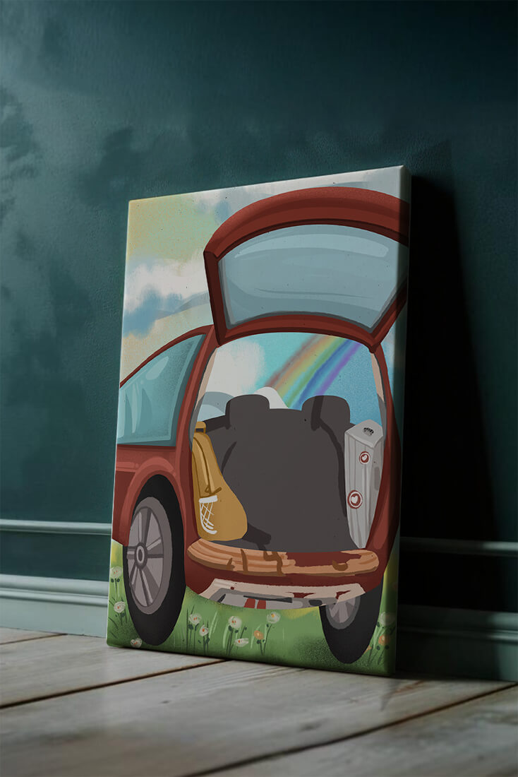 Car Trunk with Picnic Items and Rainbow in Background