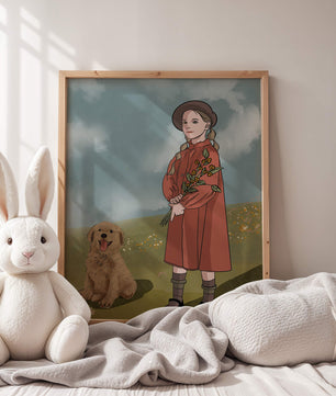 Jeune fille avec des tresses tenant des fleurs à côté d’un chiot heureux dans un champ paisible