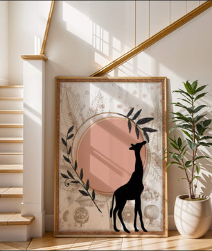 Von der Natur inspiriertes Kunstwerk mit Giraffensilhouette und botanischen Elementen