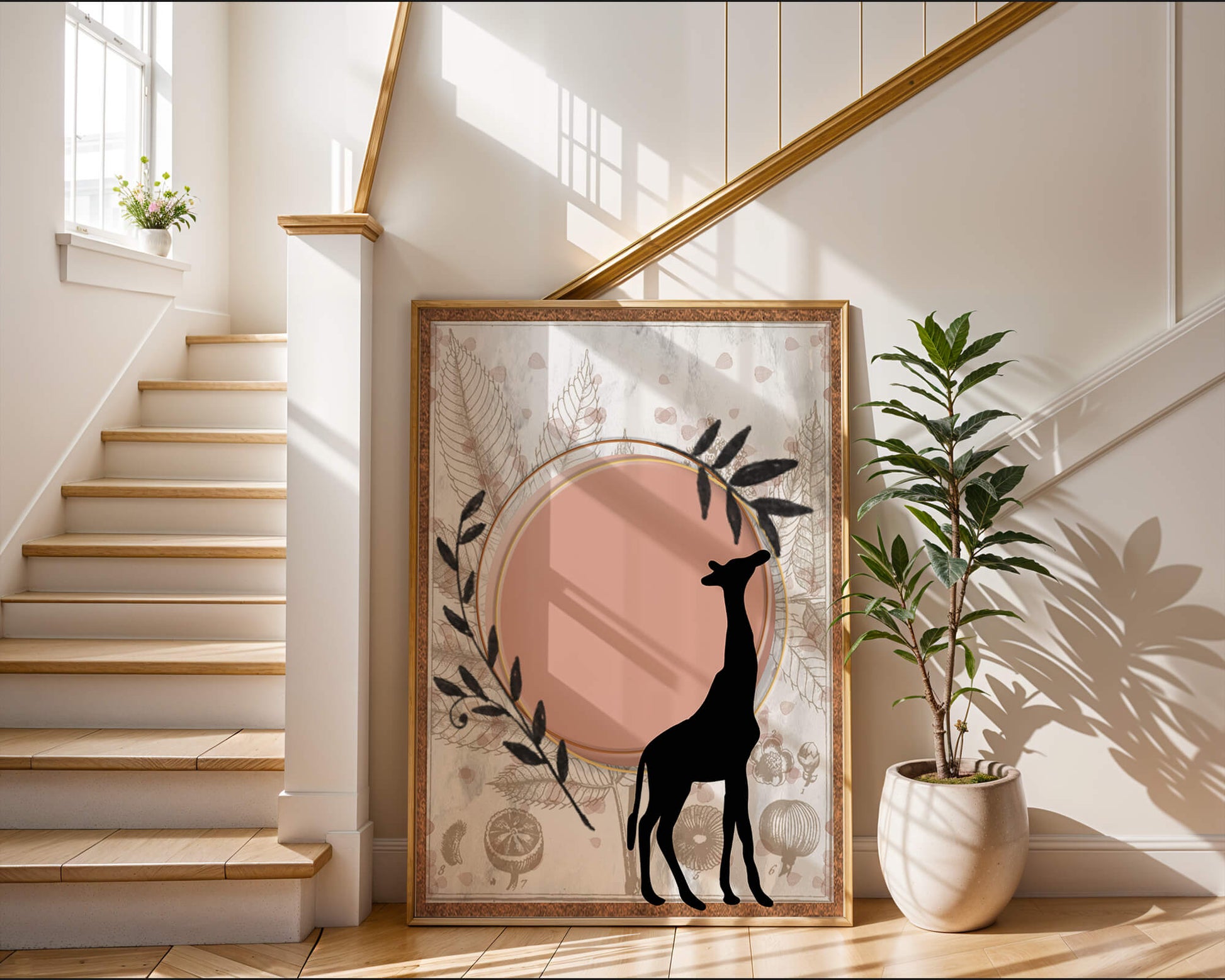 Nature-inspired artwork with giraffe silhouette and botanical elements