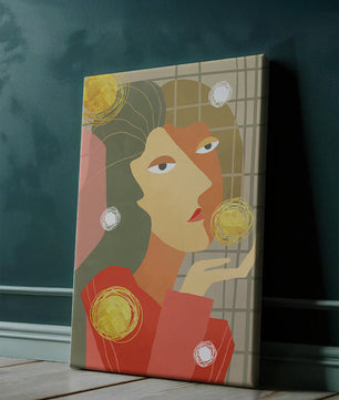 Abstract portrait artwork with geometric forms and gold accents