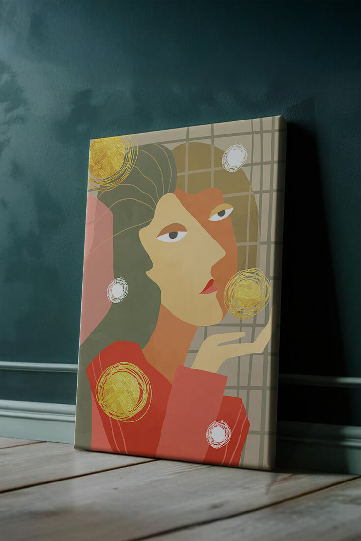 Abstract portrait artwork with geometric forms and gold accents