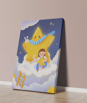 Enfant fantaisiste assis sur un nuage avec une étoile et un lapin dans le ciel nocturne