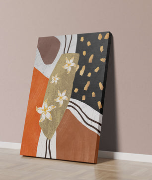 Abstract floral artwork with gold accents and earthy tones