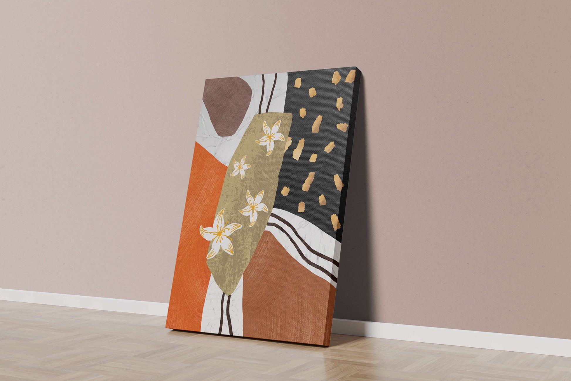 Abstract floral artwork with gold accents and earthy tones