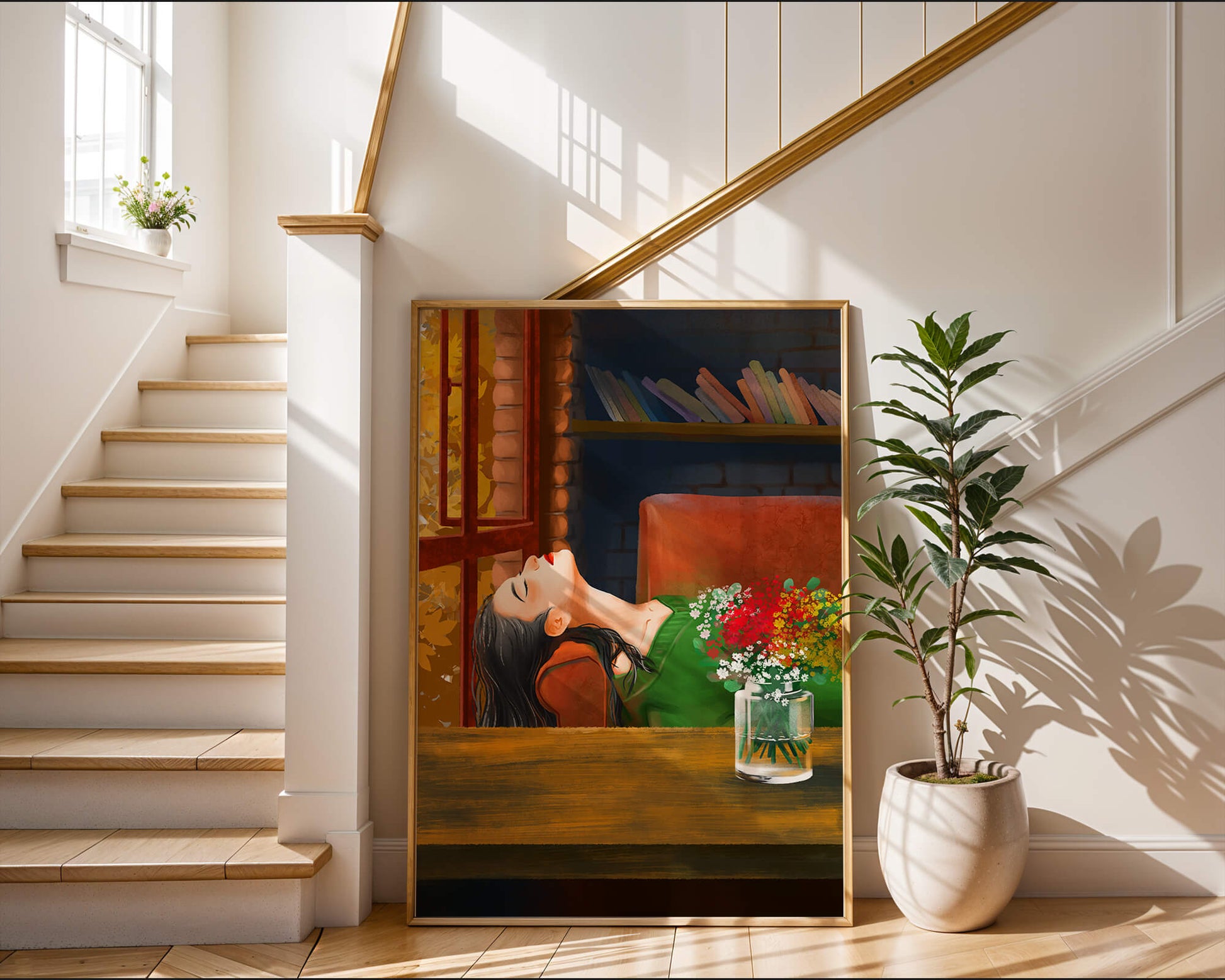 Frau entspannt sich am Fenster mit Blumenstrauß und Büchern