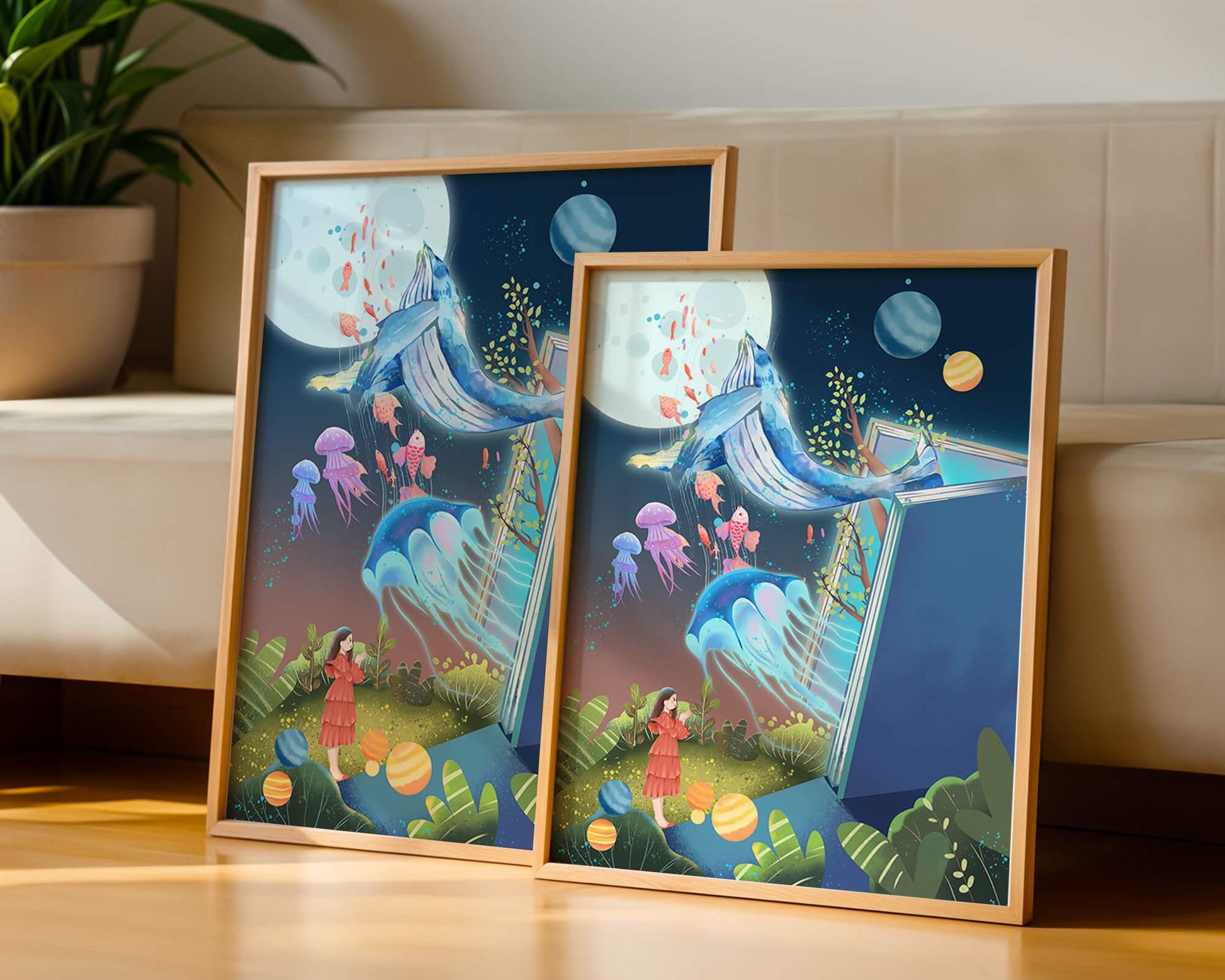 Surreal Ocean Life Emerging From a Book in a Dreamlike Forest Scene