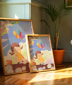 Whimsical illustration of a girl with balloons under vibrant pink blossoms