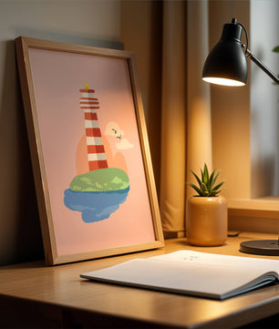 Ilustración encantadora de un faro con un entorno costero tranquilo