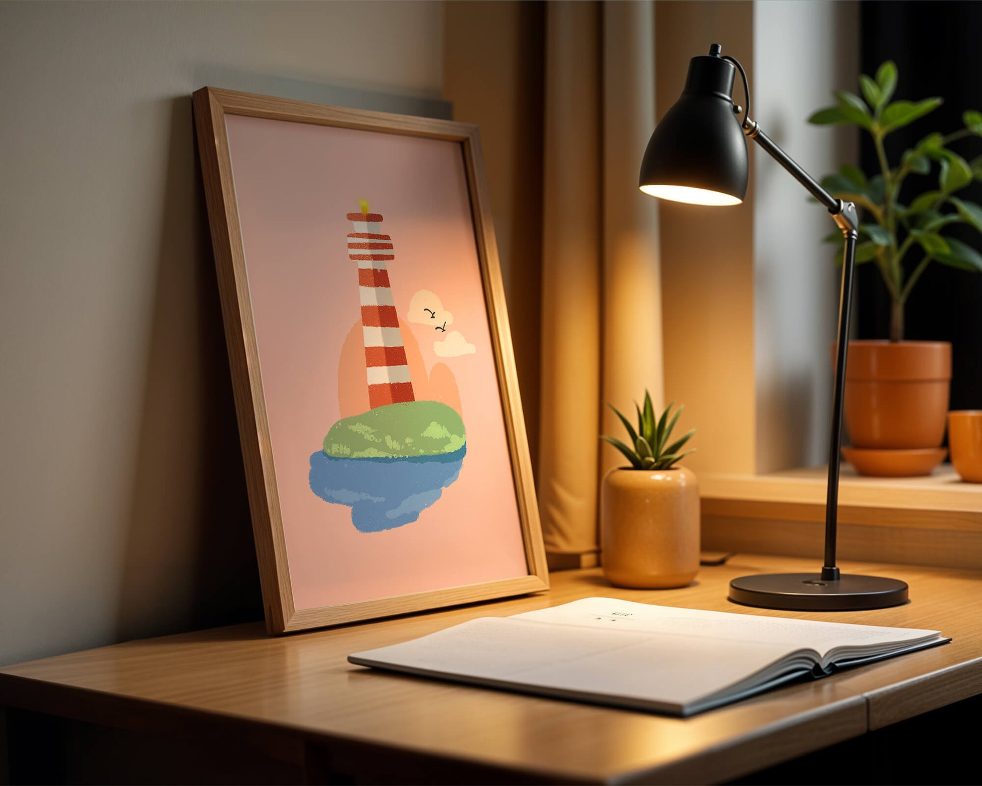 Ilustración encantadora de un faro con un entorno costero tranquilo